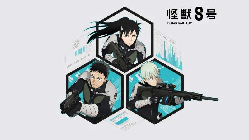 Kaiju No. 8 Season 2, Character art, Mina Ashiro, Kafka Hibino, Reno Ichikawa, White background 5K