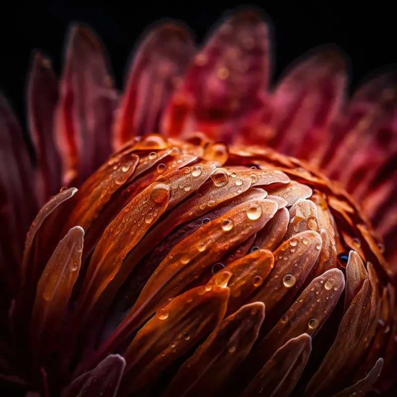 Protea flower macro, Water drops, Orange petals, 5K wallpaper