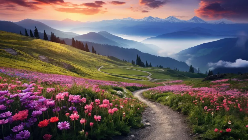 Wildflower meadow path wallpaper, Mountain valley, Sunset
