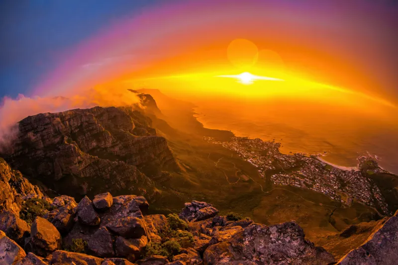 Table Mountain at sunset, Cape Town, Golden sky, 5K wallpaper