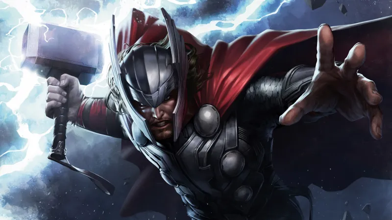 Thor wallpaper, Mjolnir, Lightning, Marvel Future Fight