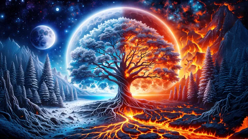 Fire and ice tree of life wallpaper, Cosmic moon, Fantasy art