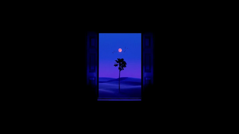 Desert Open door, Palm tree, Moon, Night sky, Black background 5K, Surreal landscape, Lone tree, Solitude, Silhouette, Flying birds