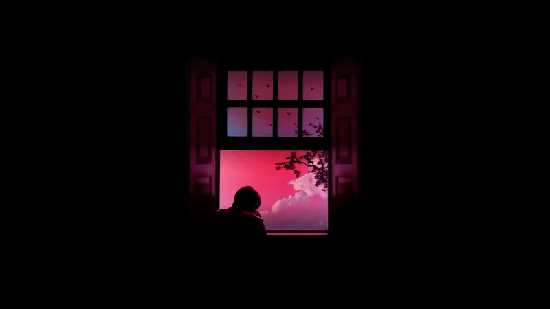 Solitude Window, Twilight, Pink sky, Clouds, Black background 5K, Lonely, Surreal, Serenity, Vivid, Dreamlike