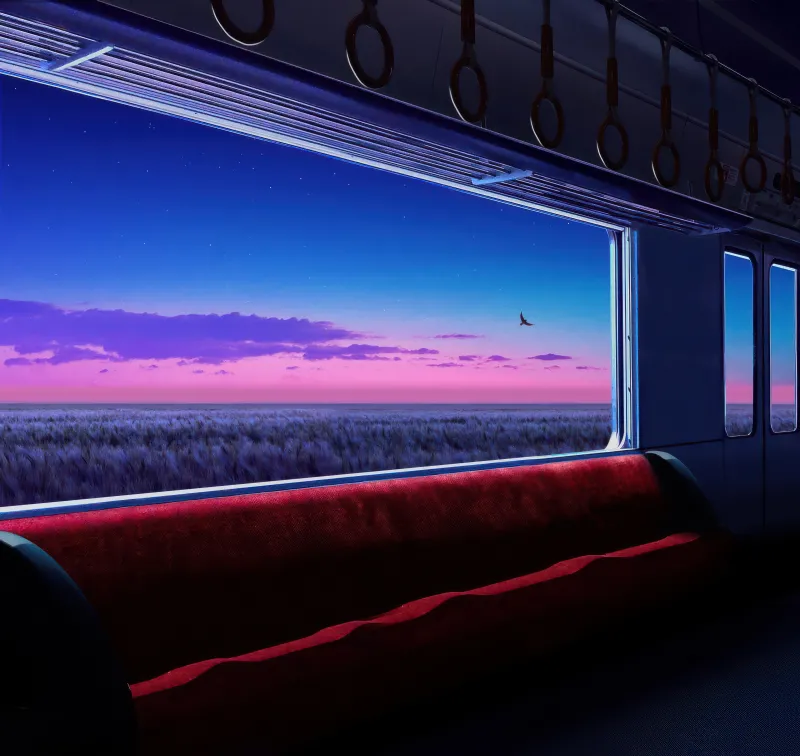 Train window view of wheat fields wallpaper, Pink dusk, Bird