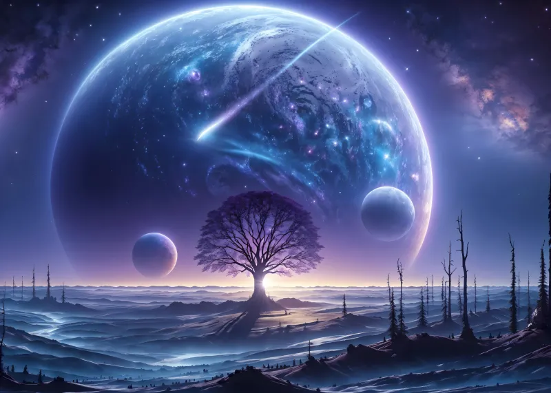 Lone tree under giant planets wallpaper, Alien world, Purple space