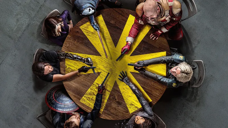 Thunderbolts Round table, Movie poster 5K, Black Widow, Bucky Barnes, Taskmaster, Red Guardian, Marvel Superheroes, Yelena Belova, U.S. Agent, Ava Starr (Ghost)