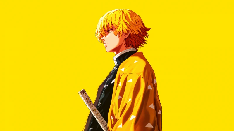 Zenitsu Agatsuma, 5K wallpaper, Demon Slayer: Kimetsu no Yaiba, Yellow background