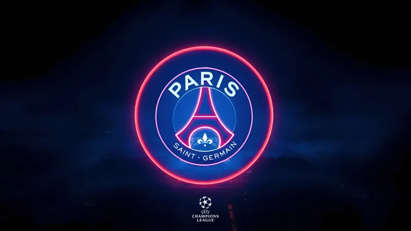 Paris Saint-Germain Neon logo, UEFA Champions League, Dark background 5K