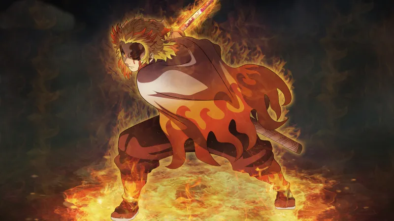Demon Slayer: Mugen Train, Kyojuro Rengoku, Flame Hashira, 8K wallpaper