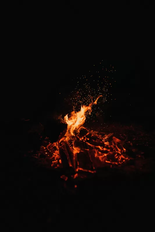 Bonfire, Dark, Black background, Campfire, Flame, Night time, Burning, Outdoor, 5K
