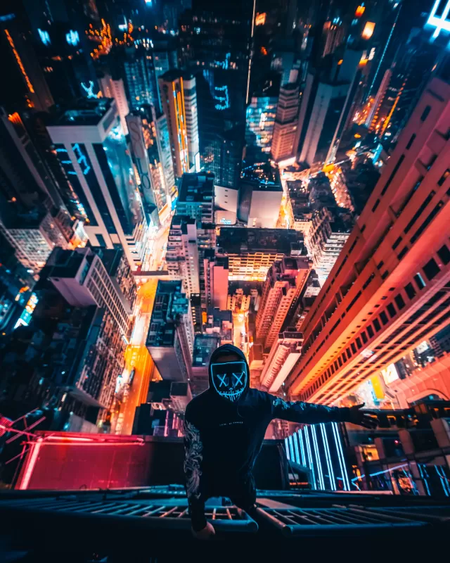 Hong Kong City, Neon Mask, Rooftop, Cityscape, Nightscape, Persons in Mask, City lights, Aerial view, Skyscrapers, 5K