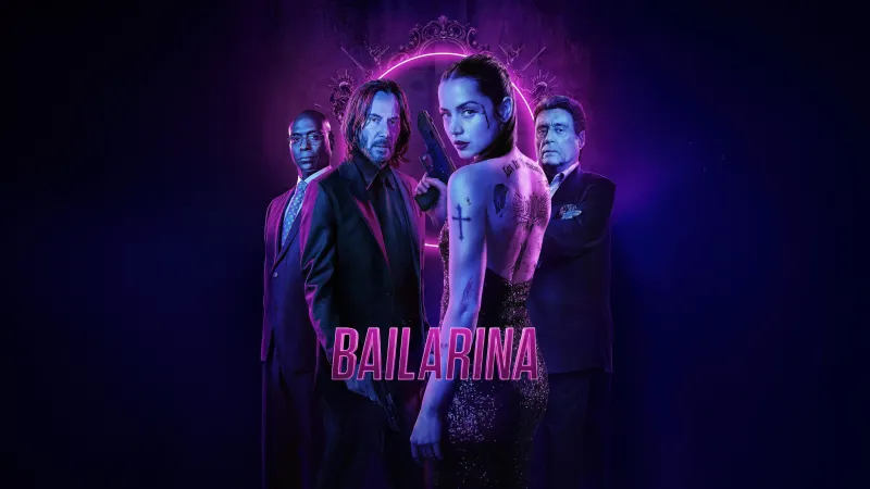 Ballerina Neon poster, John Wick, Keanu Reeves, Ana de Armas, Dark background 5K