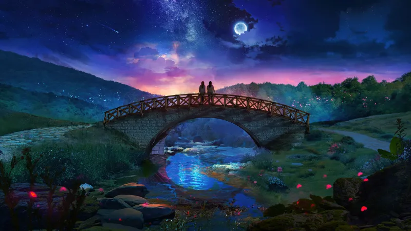 Couple on a stone bridge, Moonlit river, Fantasy night, 5K wallpaper