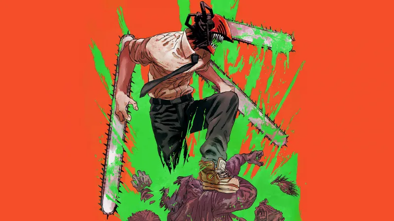 Badass Denji, Chainsaw Man, Orange background 5K