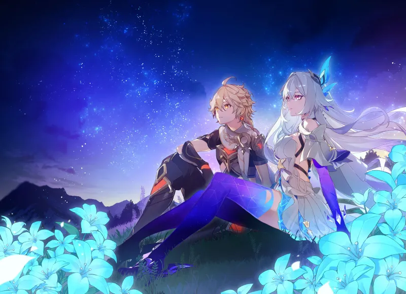 Aether x Skirk, Genshin Impact, Starry sky, Anime couple
