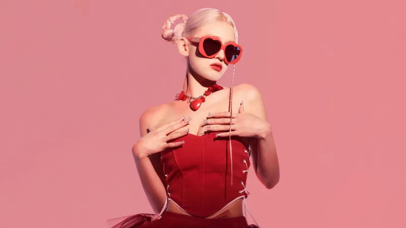 Jeon Somi, Red heart sunglasses, Pink background wallpaper, Valentine's Day theme, Fashion portrait, Blonde woman