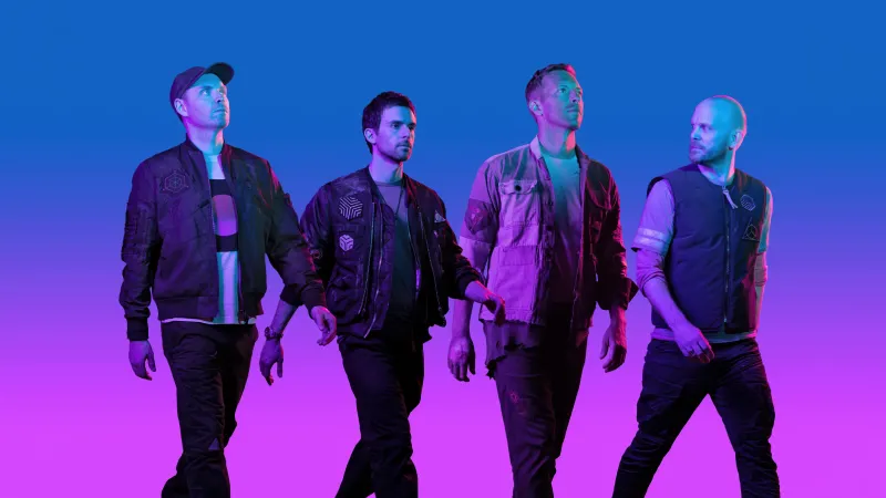 Coldplay band wallpaper, Music group, Men, Gradient background, Blue and purple colors
