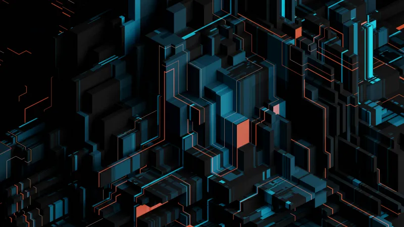 Dark circuit city wallpaper, Teal and orange lines, Geometric 3D