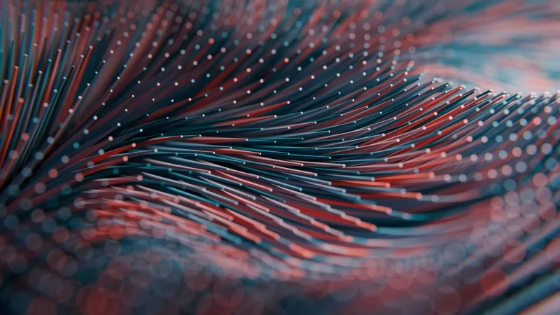 Particle wave wallpaper, Red and blue strands, Bokeh