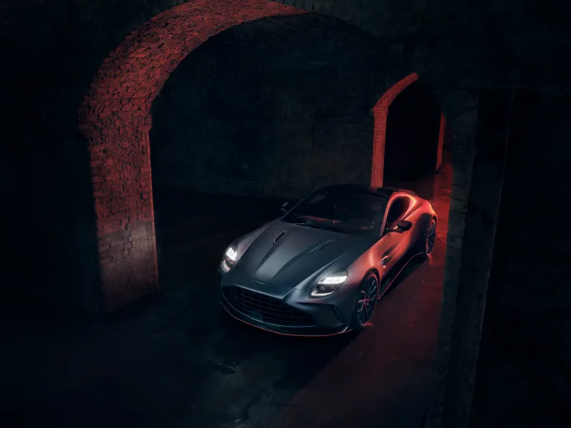 Aston Martin Vantage S, Brick tunnel, Red glow, 2025, 8K wallpaper