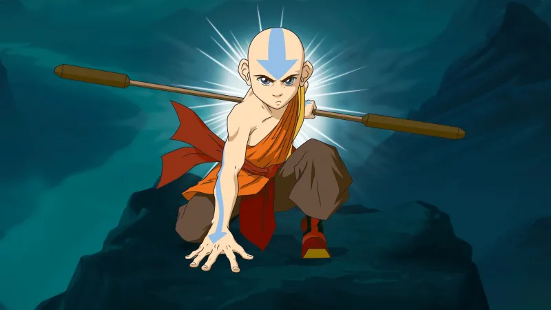 Avatar Aang, Avatar: The Last Airbender, Animated series, Airbender staff, Teal background, 4K wallpaper