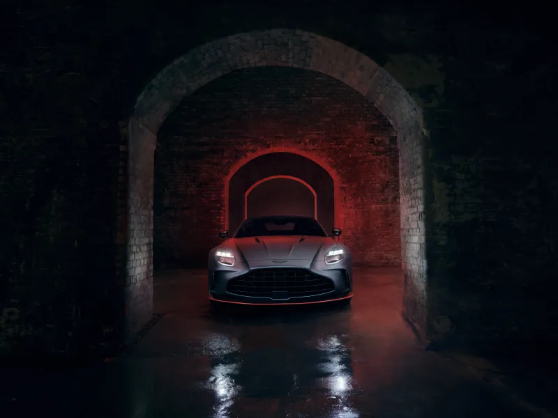 Aston Martin Vantage S wallpaper, Front view, Dark tunnel, Red lights, 2025