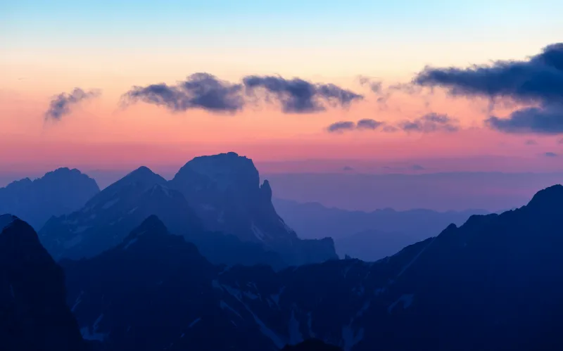 Austrian Alps at dusk, Pink sky, Mountain silhouettes, 5K wallpaper