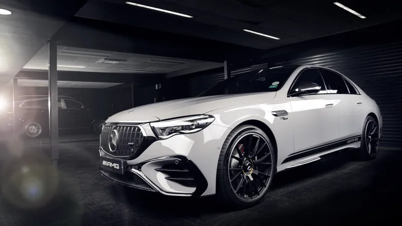 Mercedes-AMG E 53 Hybrid wallpaper, White sedan, Dark garage, 2025, 5K