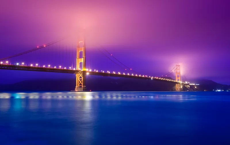 Golden Gate Bridge, San Francisco, California, Scenic, Pink sky, Blue, Body of Water, Pacific Ocean, Night lights, Reflection, Aesthetic, 5K