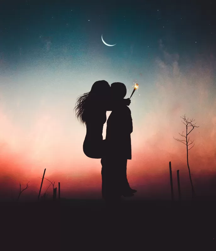 Couple, Romantic kiss, Silhouette, Sunset, Pair, Together, Romance, First kiss, Sparklers, Crescent Moon, Backlit
