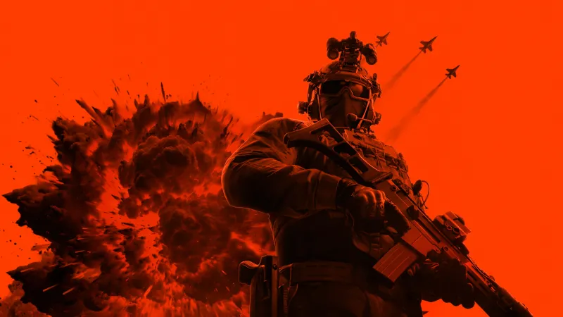 Soldier silhouette wallpaper, Explosion, Fighter jets, Orange background