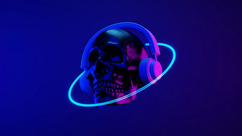 Dubstep Skull, Headphones, Synthwave Neon art, Dark blue