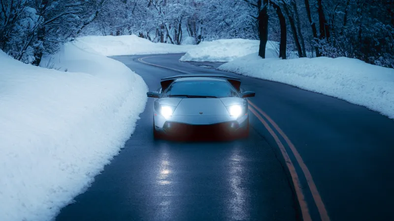 Lamborghini Murciélago, Snowy forest road, Headlights, Winter, 5K wallpaper
