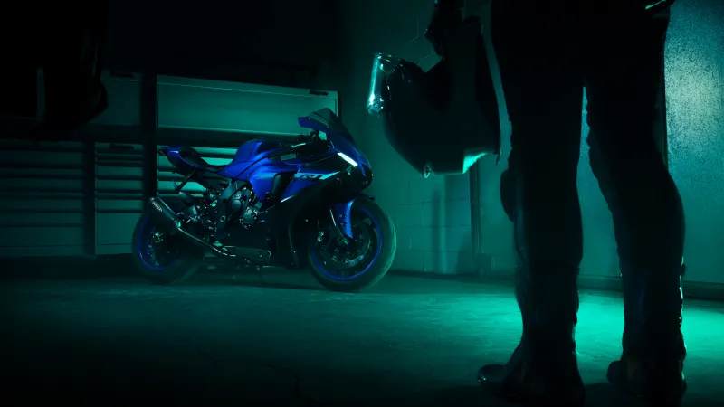 Yamaha YZF-R1 wallpaper, Rider silhouette, Teal light, Dark garage