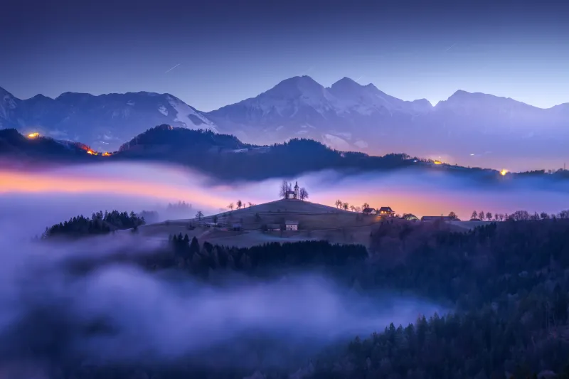 Sveti Tomaž church at blue hour, Slovenia, Fog valley, 4K wallpaper