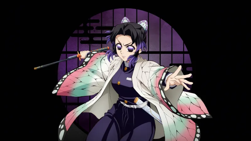 Shinobu Kocho in Infinity Castle, Demon Slayer: Kimetsu No Yaiba Infinity Castle, Black background 5K