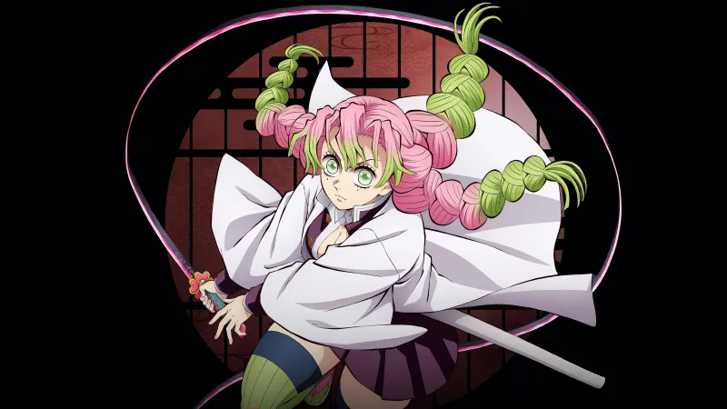 Mitsuri Kanroji in Infinity Castle, Demon Slayer: Kimetsu No Yaiba Infinity Castle, Black background 5K