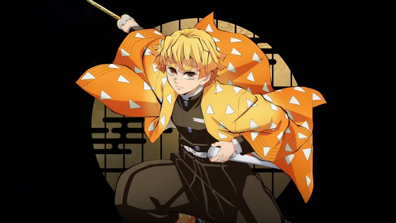 Zenitsu Agatsuma in Infinity Castle, Demon Slayer: Kimetsu No Yaiba Infinity Castle, Black background 5K