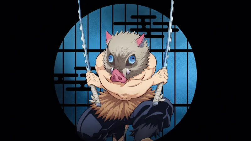 Inosuke Hashibira in Infinity Castle, Demon Slayer: Kimetsu No Yaiba Infinity Castle, Black background 5K