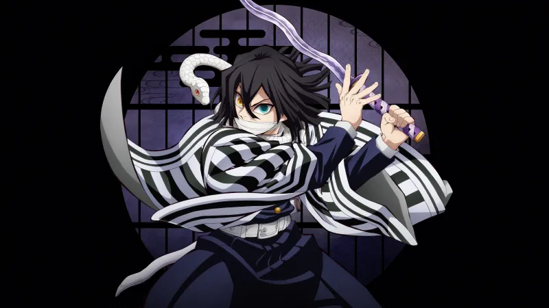 Obanai Iguro in Infinity Castle, Demon Slayer: Kimetsu No Yaiba Infinity Castle, Black background 5K