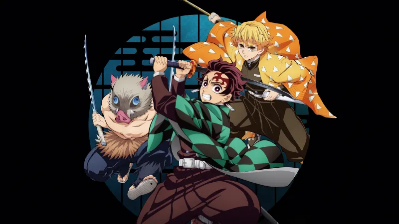 Demon Slayer: Kimetsu No Yaiba Infinity Castle, 5K wallpaper, Tanjiro Kamado, Zenitsu Agatsuma, Inosuke Hashibira