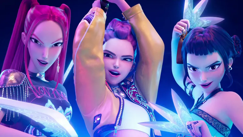 Rumi, Mira, Zoey, KPop Demon Hunters, 4k background