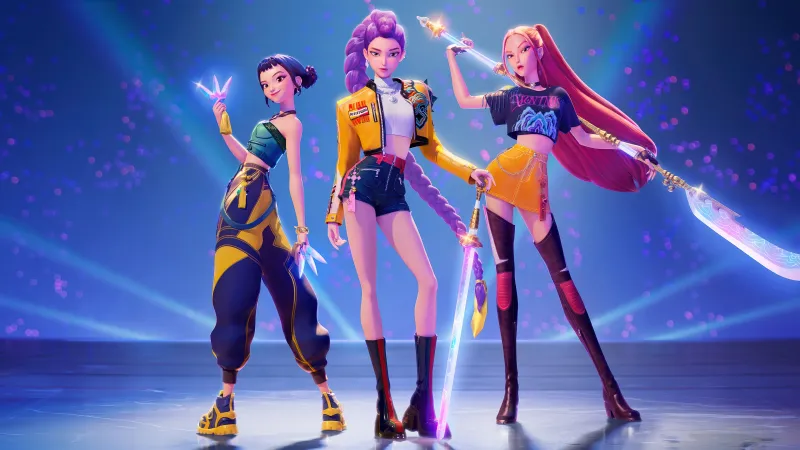 Rumi, Mira, Zoey, KPop Demon Hunters, 4k background
