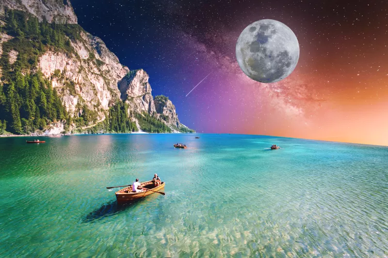 Surreal lake, Rowing boat, Full moon, 5K wallpaper