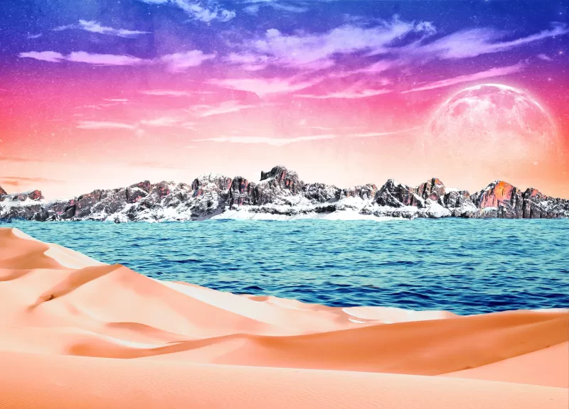 Surreal collage, Desert meets sea, Pink sky, 5K wallpaper
