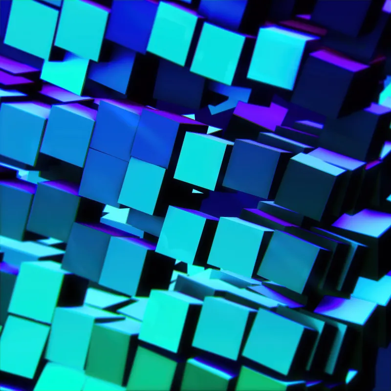 Shuniji, Minecraft, Blue cubes, 3D Abstract, Teal and purple, 5K wallpaper