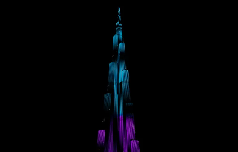 Burj Khalifa, Night illumination, Night lights, Light show, Dark background, 5K, 8K, AMOLED