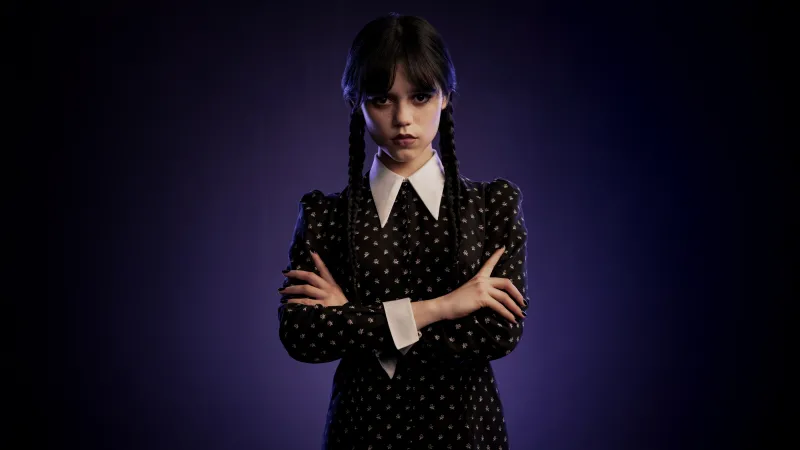 Jenna Ortega, Dark background 8K, Jenna Ortega as Wednesday Addams Season 2