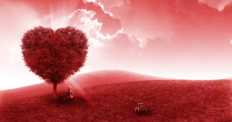 Landscape, Heart tree, Red background, Child, Dream, Clouds, Red Sky, Aesthetic